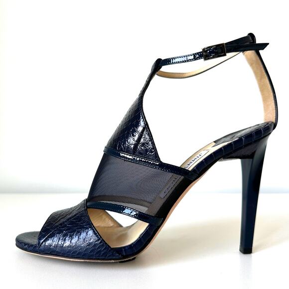 Jimmy Choo Timbus 100 Snakeskin Mesh Heel Sandal Navy Size 39 - Picture 3 of 16